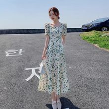 绿色碎花连衣裙女夏2024新款小个子长裙显瘦气质方领雪纺仙女裙子