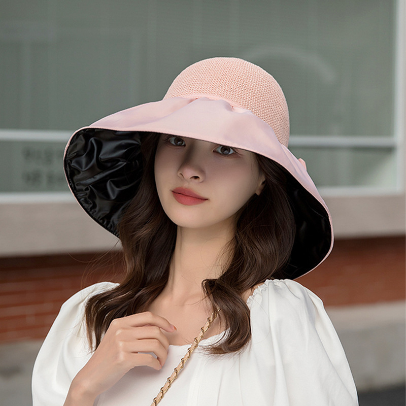 Hat Female Summer Vinyl Bow Sunhat UV Protection Hollow-out Straw Hat Face Cover Sun-Proof Sun Bucket Hat