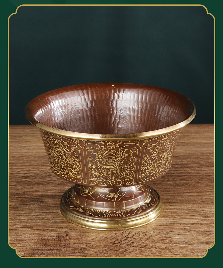 尼泊尔供水碗纯铜高脚供水杯佛前摆件描金工艺手工锤纹雕花供杯