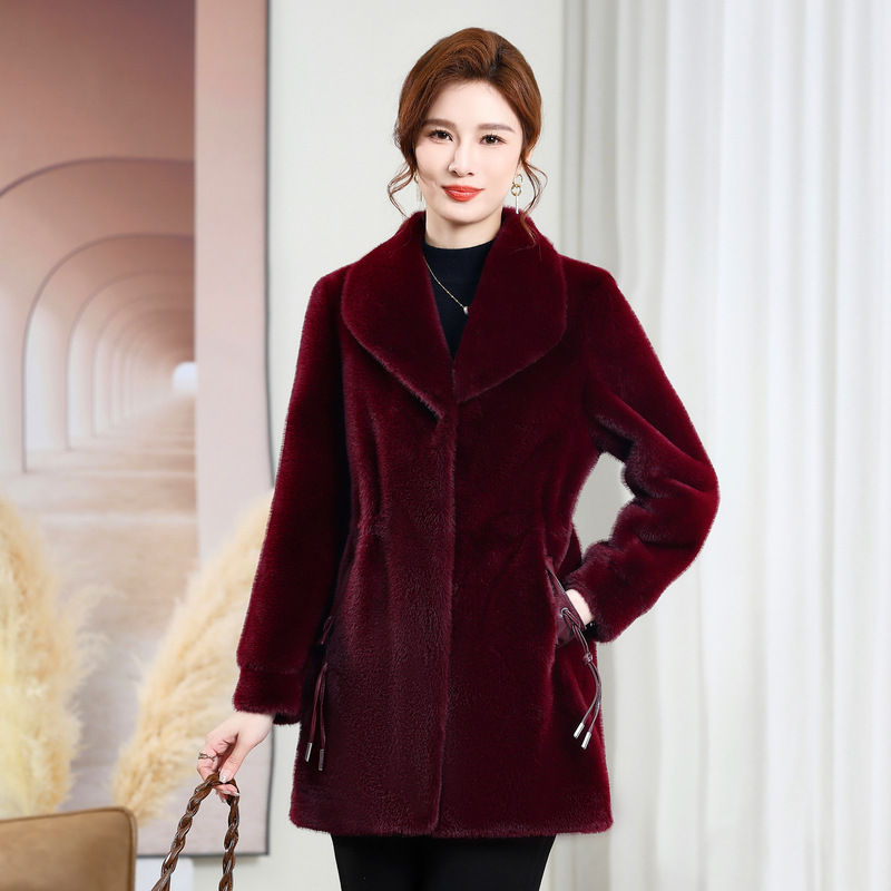 中老年女装冬季仿貂绒大衣妈妈装冬装中长款大衣外套防风保暖时尚