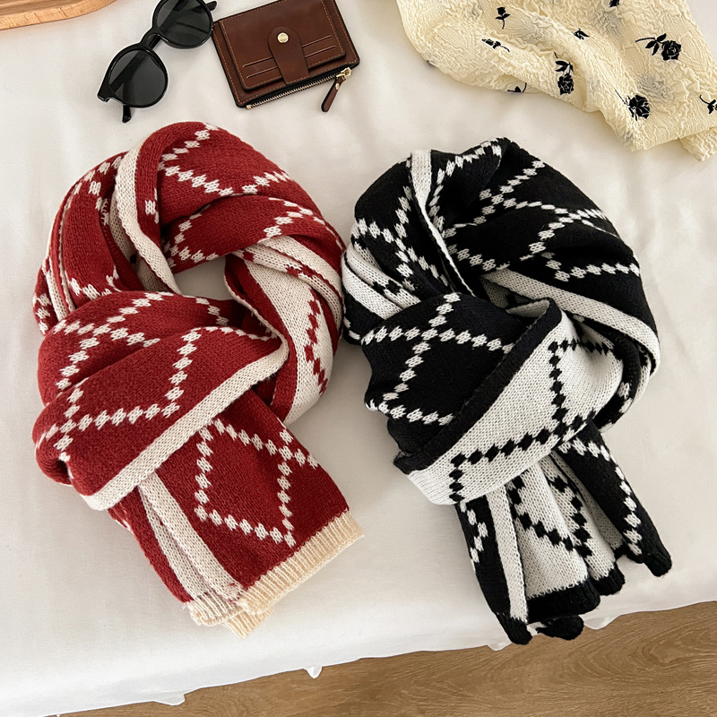 红色韩版百搭菱形格子针织毛线围巾贴纯色学生小围脖男女冬季情侣