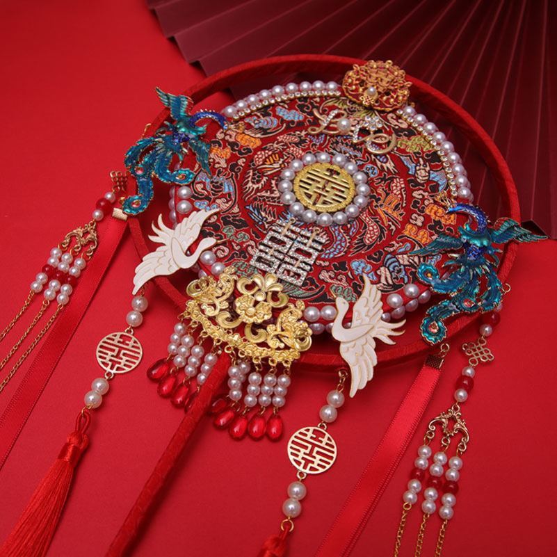 秀禾团扇diy中式结婚礼喜扇明制汉服成品长柄双圈古风宫材料