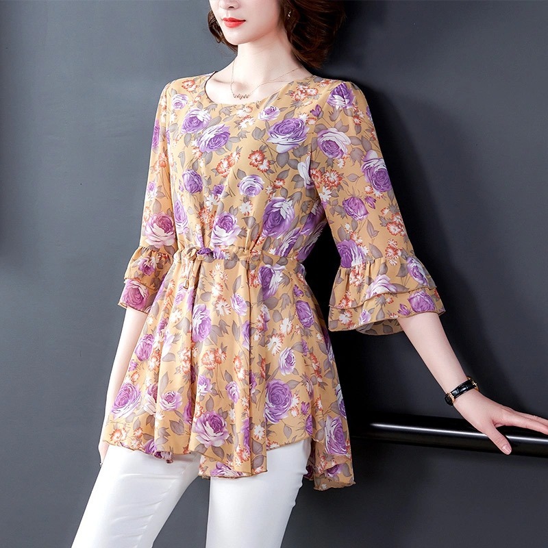 2023 Summer Middle-Aged and Elderly Women's Dress Floral Women's T-shirt Fashionable Loose Mid-Length Ice Silk Top