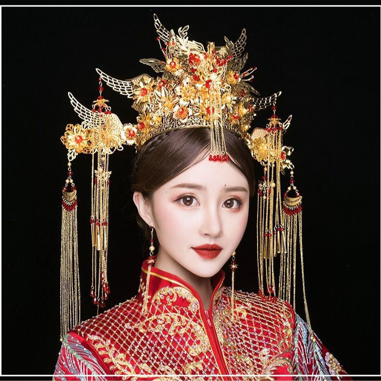 中式新娘秀禾服头饰大气古代皇后结婚发饰步摇流苏古装秀禾凤冠女