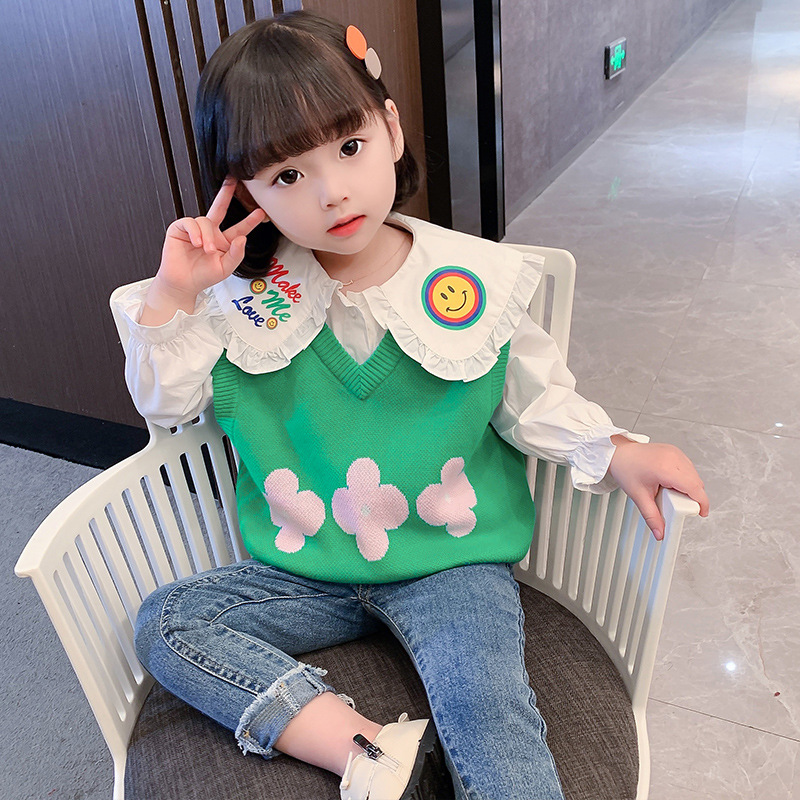 女童宝宝长袖衬衫 针织背心两件套秋装202新款幼儿4女孩洋气套装