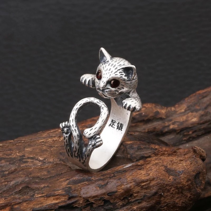 s990足银男女可爱小花猫镶钻开口戒指泰银复古生动小动物尾戒指环