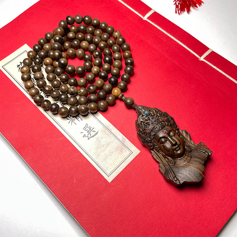 沉香木自然带药香佛珠精雕工艺观音牌沉贵宝挂件男女款吊牌项链
