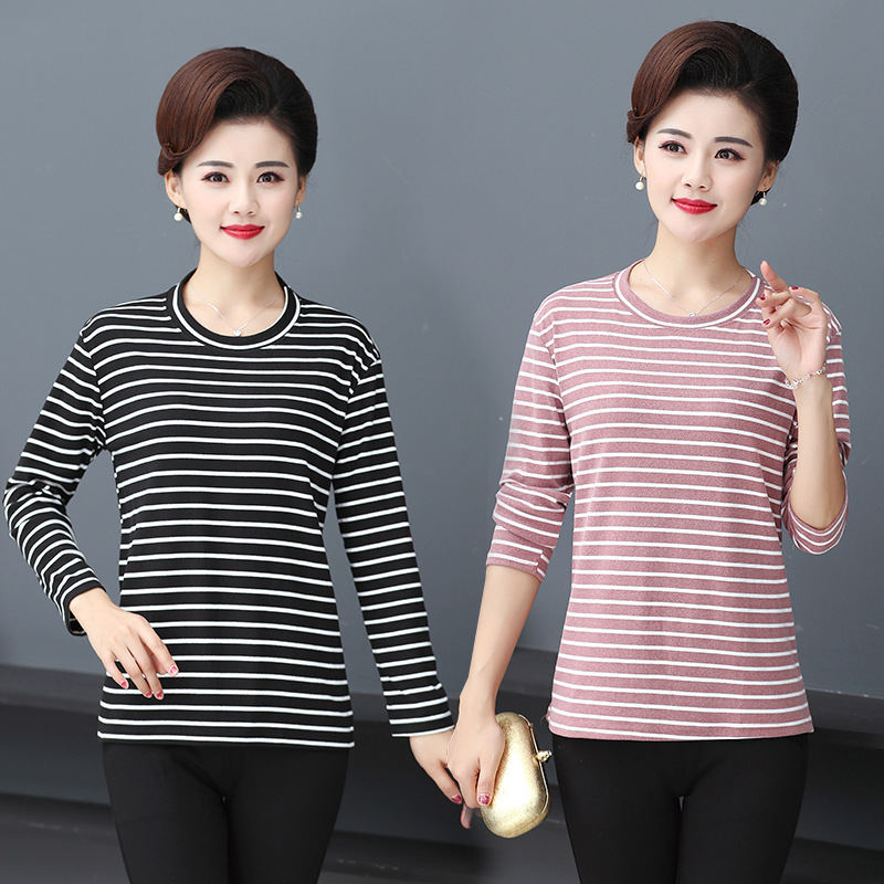 条纹t恤女长袖宽松春秋新款妈妈装休闲长袖上衣大码中老年女打底