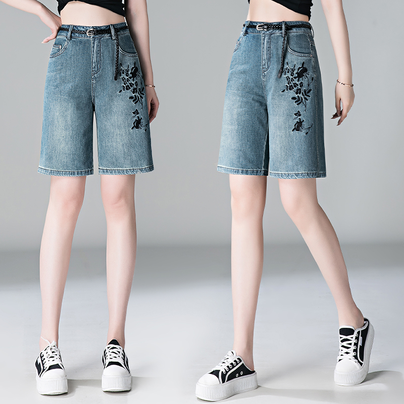 短裤女款夏季五分裤刺绣花女士半身热裤夏天蓝色5分牛仔裤女-阿里巴巴