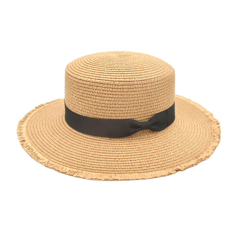 Korean Style Spring and Summer Bow Straw Hat Men's and Women's British Retro Flat Top Hat Outdoor Sun-Shade Sun Protection Beach Hat Fashion