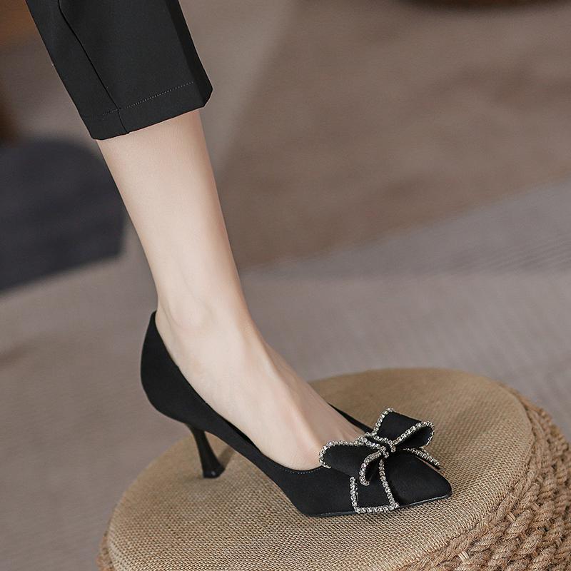 不累脚高跟鞋年春季新款气质女神范水钻蝴蝶结黑色单鞋女-阿里巴巴