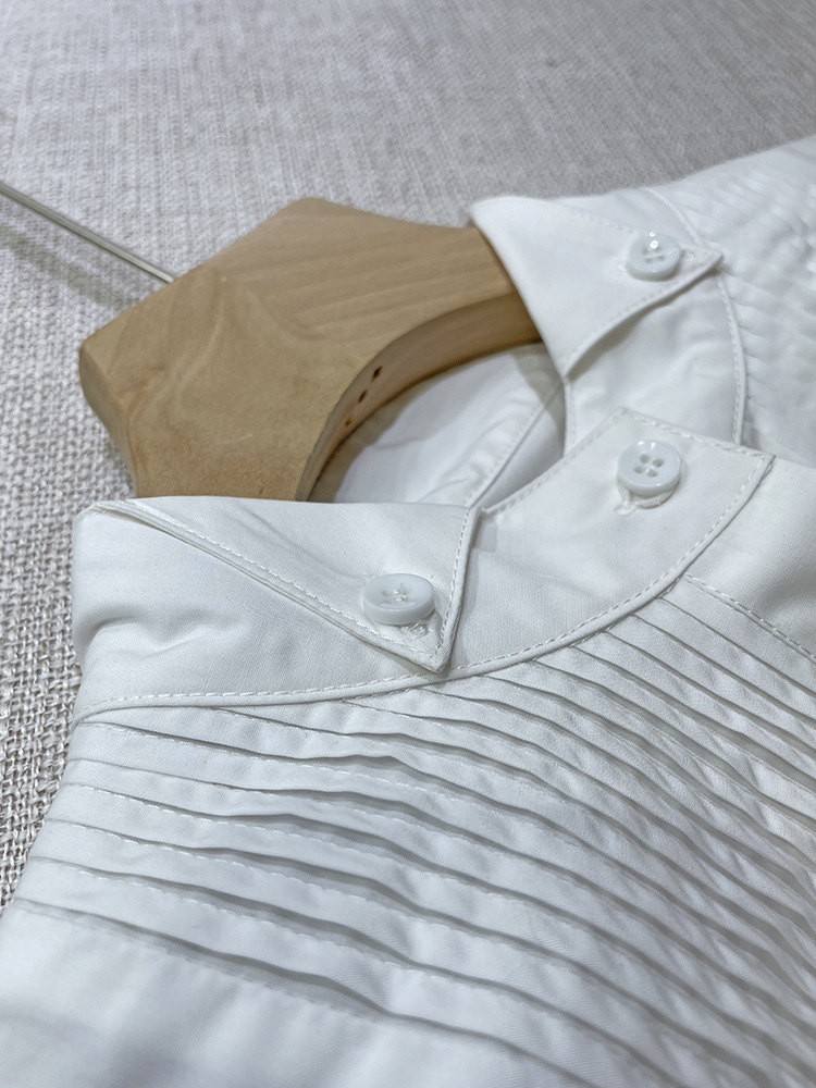 意大利高支双股比马棉 塔克褶风琴褶裥长袖白衬衫女