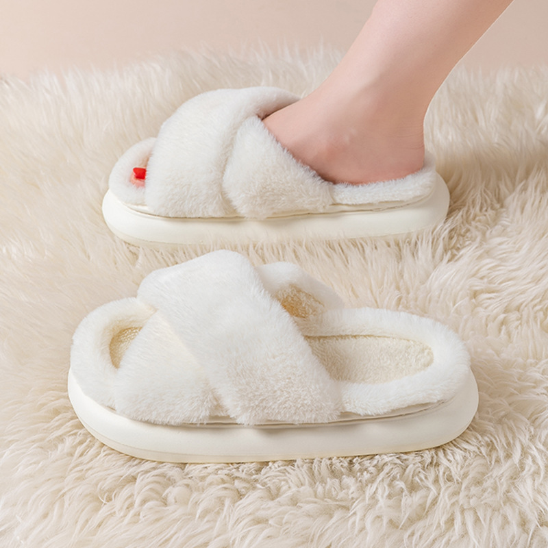 Fluffy Slippers Women's Fall and Winter Outer Wear Non-Slip Indoor Platform Home Furry Confinement Cotton Slippers Open Winter