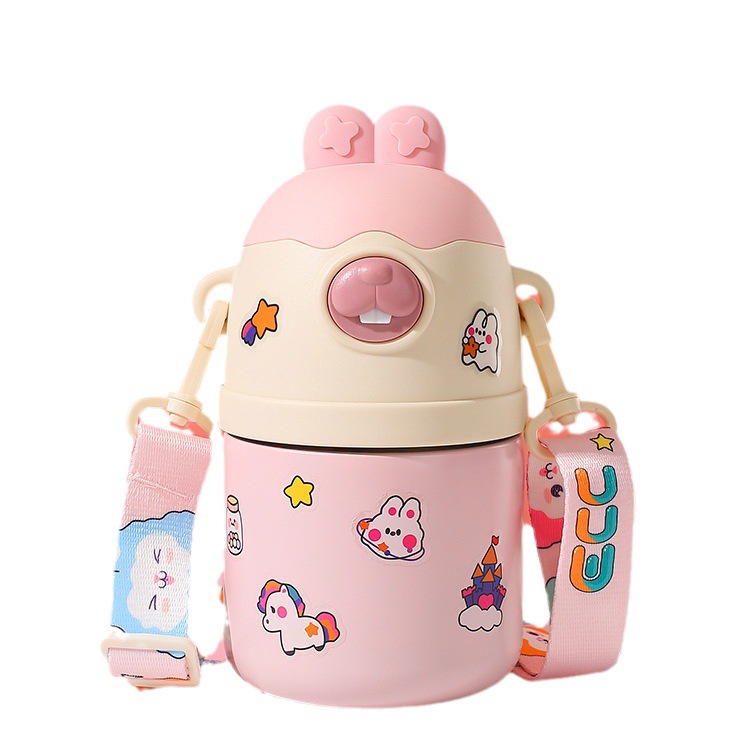 Cartoon Large Capacity 304 Stainless Steel Thermos Cup Cute Front Teeth Rabbit Children's Cups Portable with Rope Handle Cup with Straw