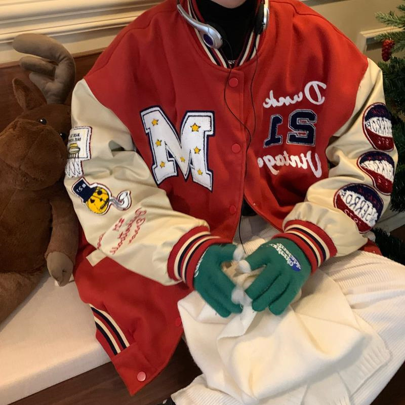 国潮拼接皮袖棒球服外套男女2022春秋季新款美式复古刺绣情侣夹克