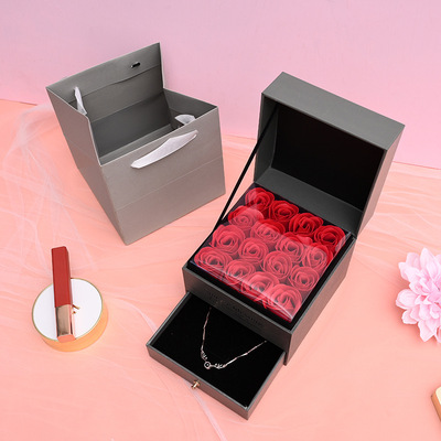 新款520情人节木质翻盖玫瑰花项链首饰礼品盒  双层抽屉口红礼盒