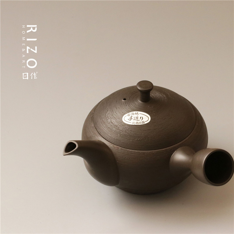 日本进口常滑烧侧把泡茶壶 北龙手作 黒平丸松皮日式茶具-阿里巴巴