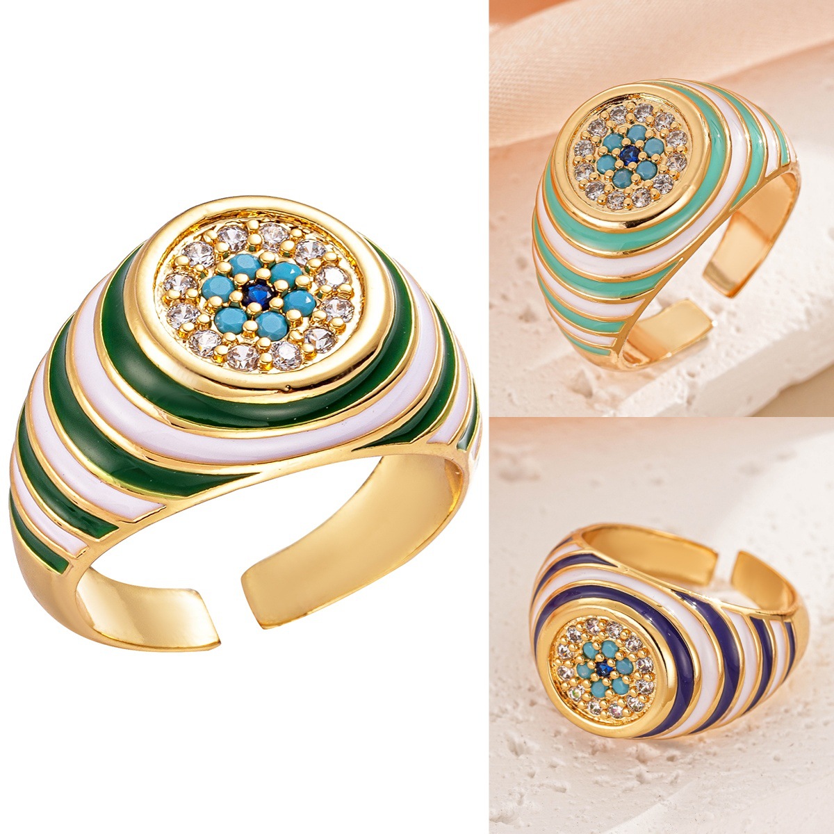 热卖新款圆圈波纹镶嵌锆石时尚珐琅通勤简约开口戒指经典活口指环