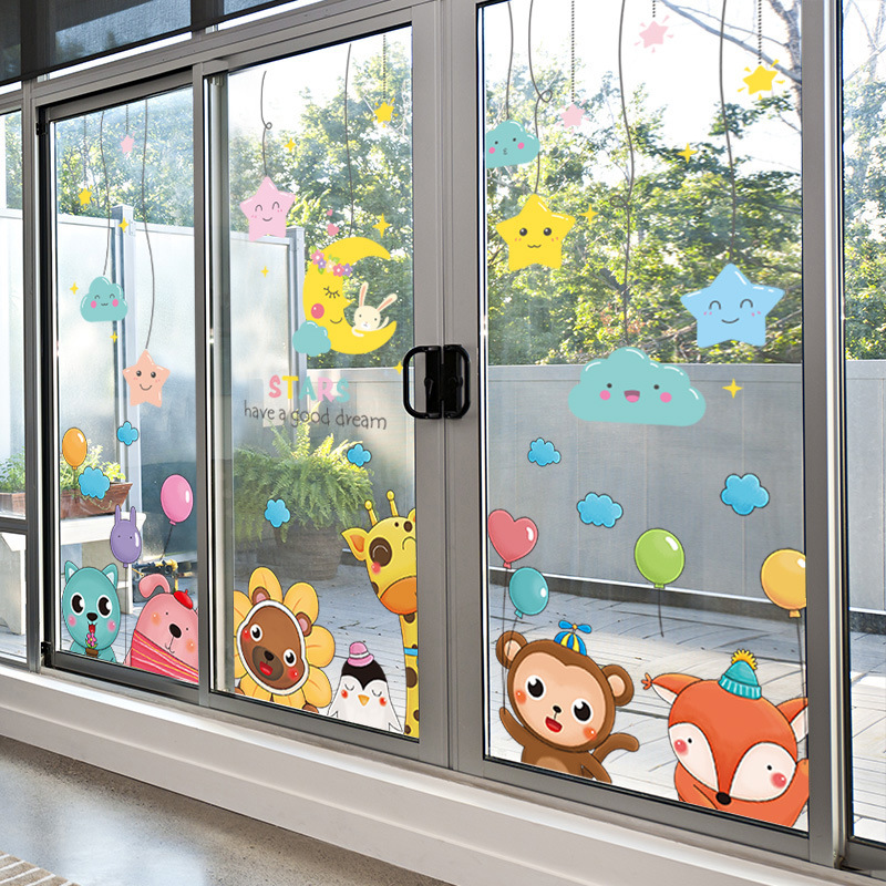 卡通动物玻璃门贴窗户装饰窗花贴幼儿园双面小图案贴画防水墙贴纸