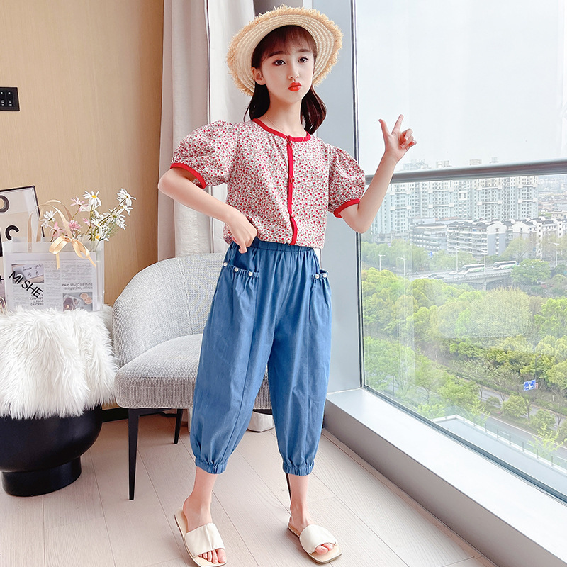 女童红碎花棉布上衣珍珠灯笼裤套装韩版夏装中大童外贸儿童两件套