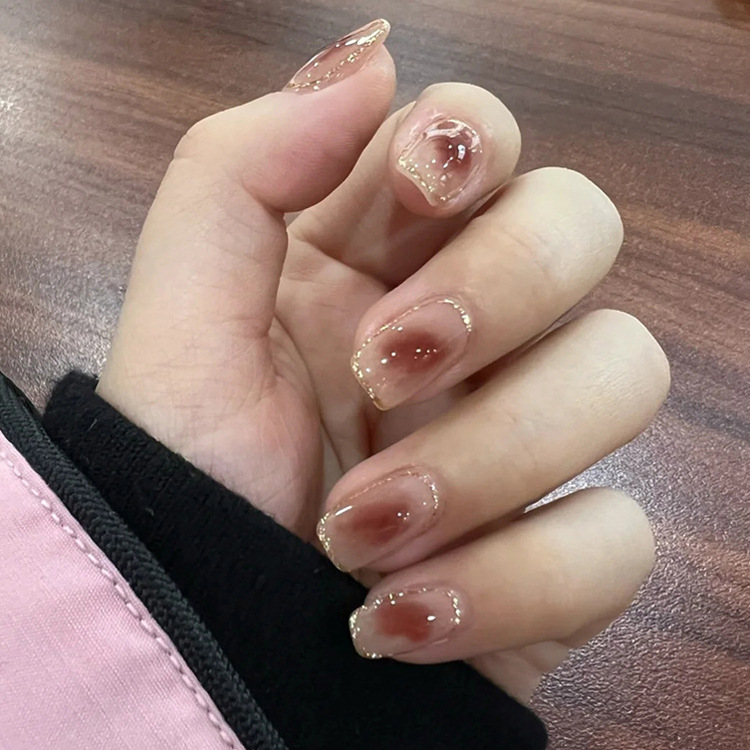 金边腮红晕染秋冬短款穿戴甲美甲贴片可拆卸假指甲贴片成品新娘甲