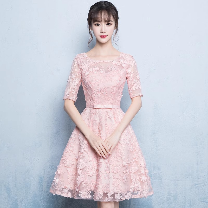 旗袍粉色小晚礼服女2024新款短款小个子伴娘服女宴会连衣裙春季