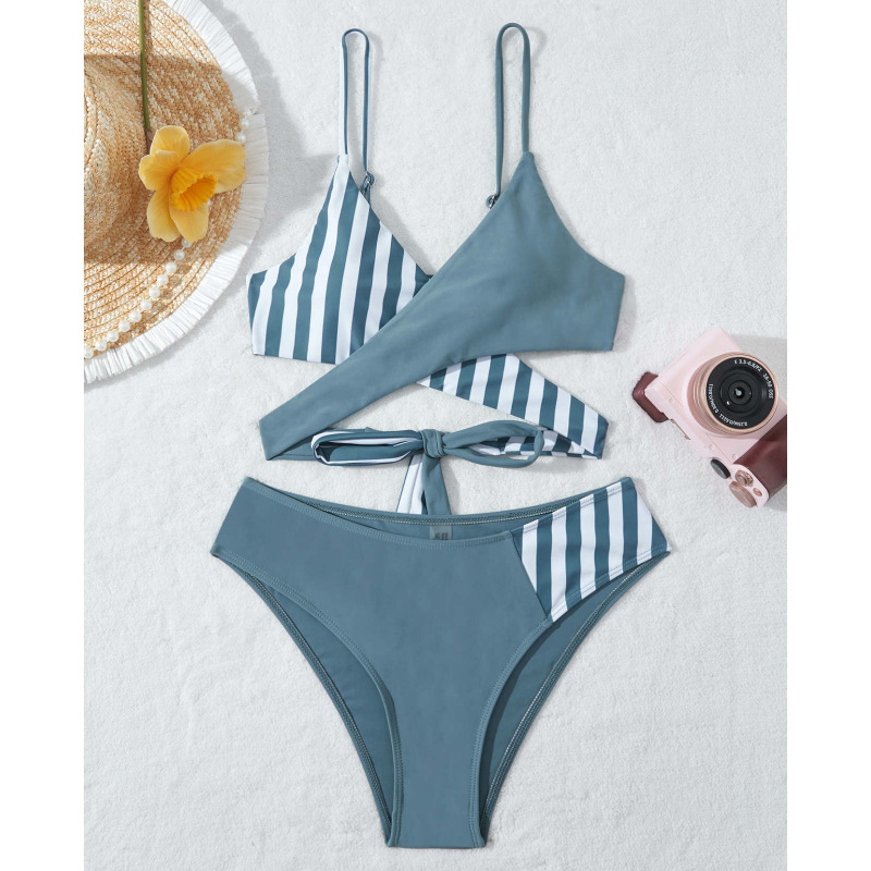 2024新款欧美跨境纯色条纹拼接比基尼 吊带露背性感分体泳衣女