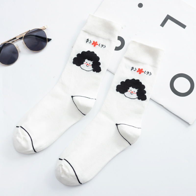 网红袜子黑白漫画长筒袜女潮牌ins人头像图案袜子配马丁靴骚气袜