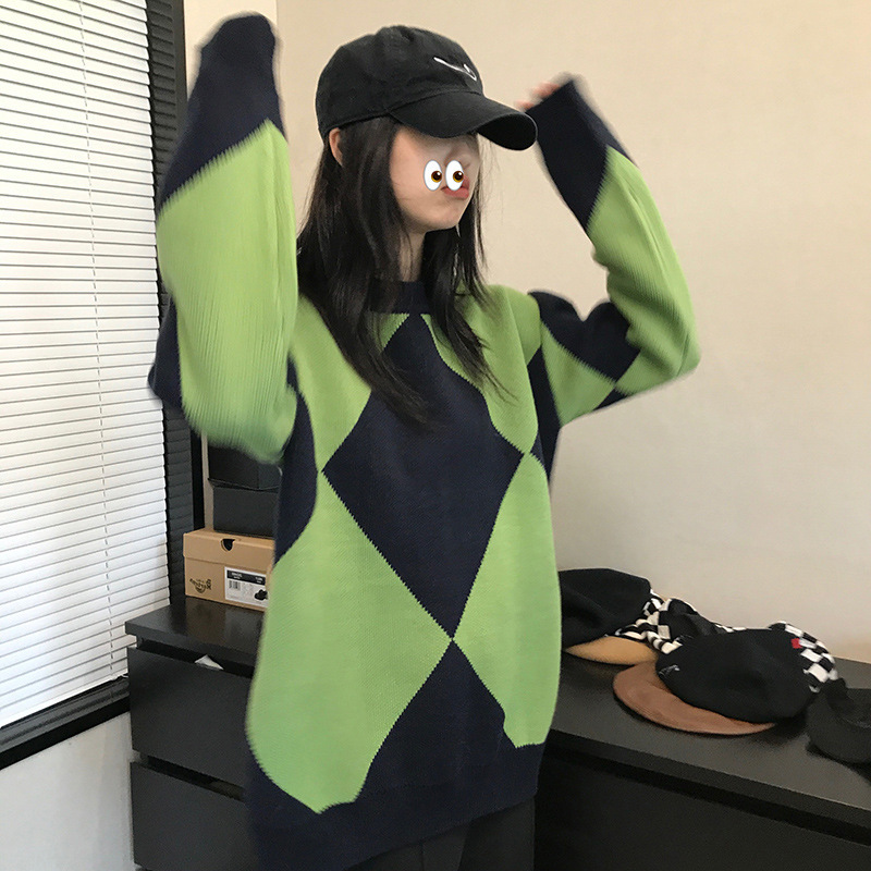 2021撞色圆领菱格毛衣秋冬季黑绿色复古日系慵懒风宽松厚针织衫潮
