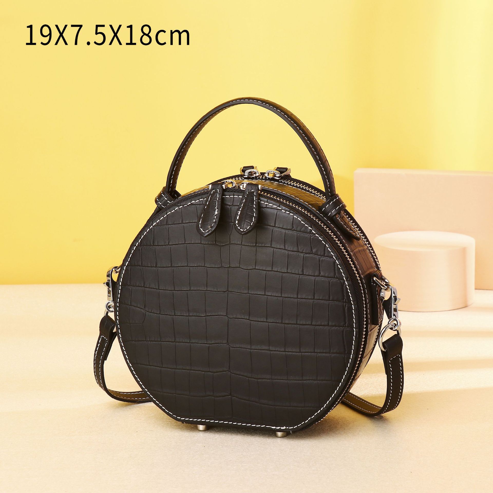 雾色鳄鱼肚纹圆饼包经典女士小提包单肩斜跨小包时尚女包工厂批发