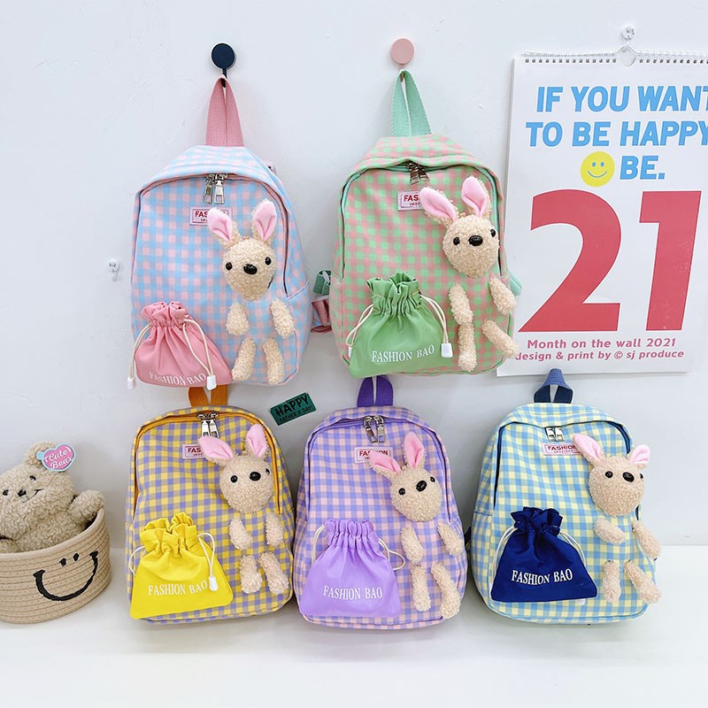 Elementary School Children's Backpack Cartoon Rabbit Kindergarten Small Schoolbag Casual Lightweight Plaid Boys and Girls Small Backpack