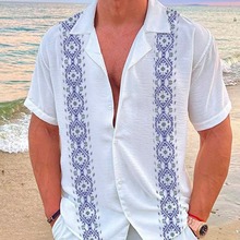 2023夏季跨境新款男装3D印花翻领开衫休闲款短袖休闲衬衫上衣