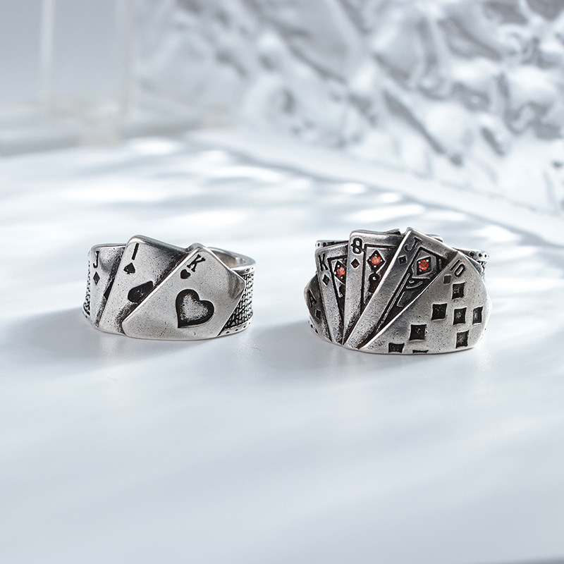复古做旧扑克牌戒指男士赌神转运开口指环欧美跨境方块同花顺戒指