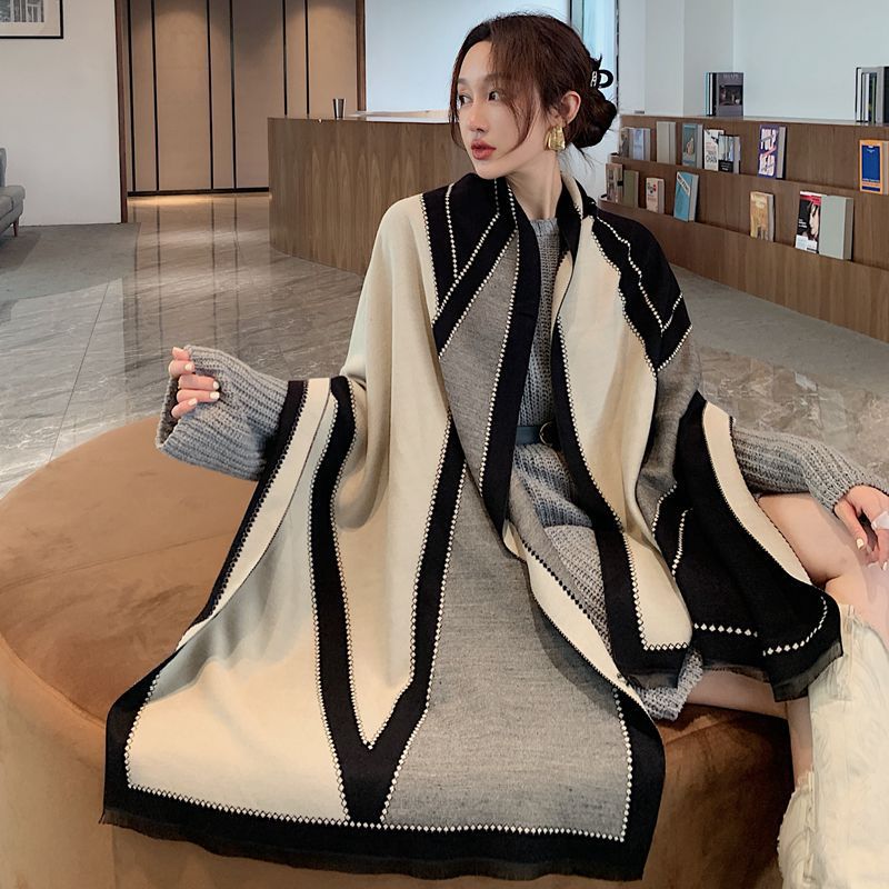 Korean Style Large V Scarf Same Style Double Artificial Cashmere Scarf Women's Office Air Conditioning Shawl Thickened Autumn and Winter Scarf