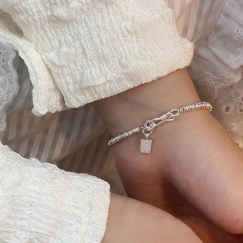 990足银方牌银圈手链女简约新中式国风设计可爱甜美气质手环B3325
