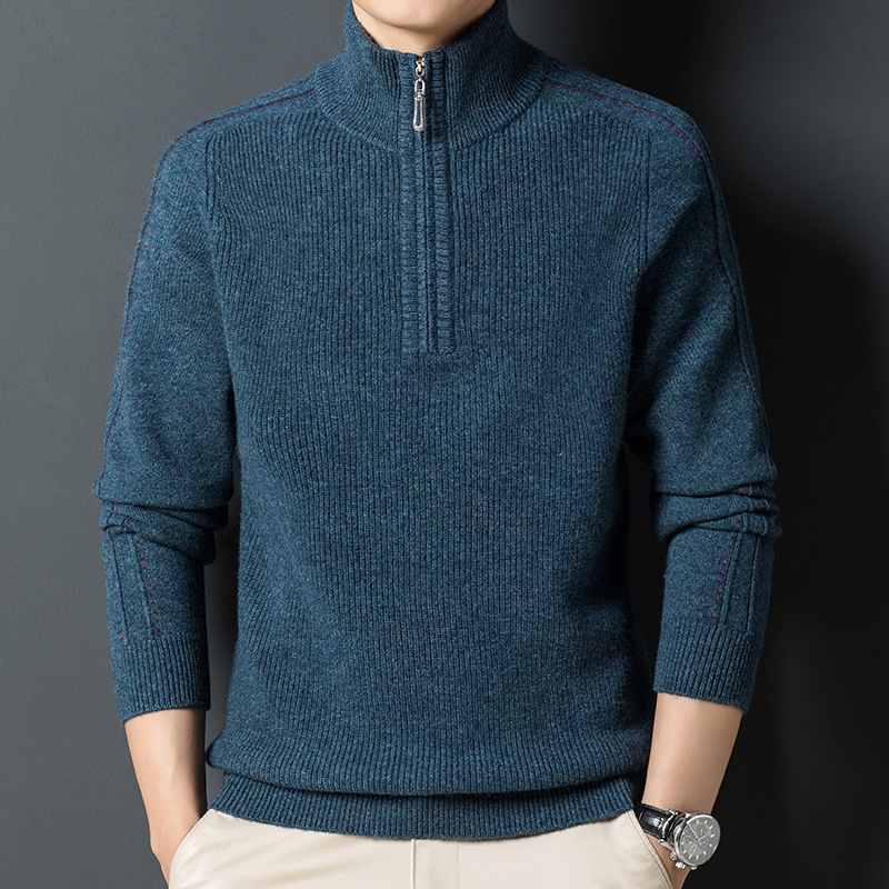 2021羊绒羊毛衫男秋冬季男士纯色立领拉链保暖中青年套头长袖毛衣