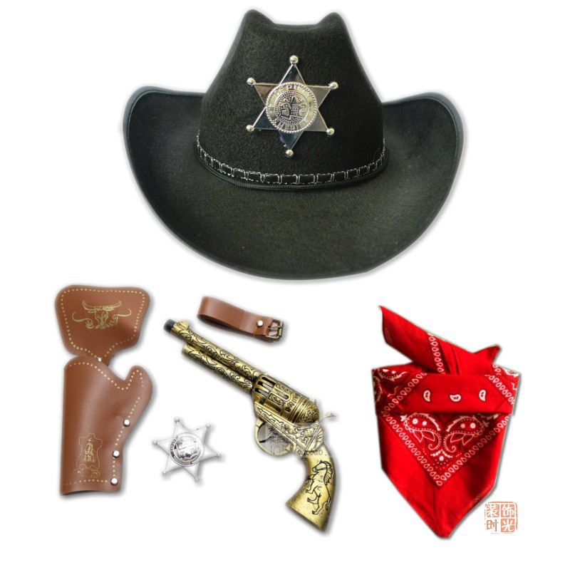 儿童节年会表演荒野大镖客西部牛仔帽道具棕色复古美国警察牛仔帽