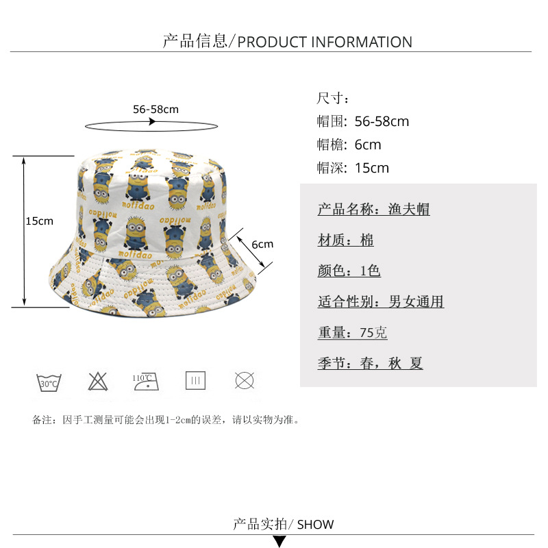 Foreign Trade Women's New Printed Hat Cartoon Printed Bucket Hat Male and Female Couple Student Casual Sun-Proof Sun-Proof Basin Hat