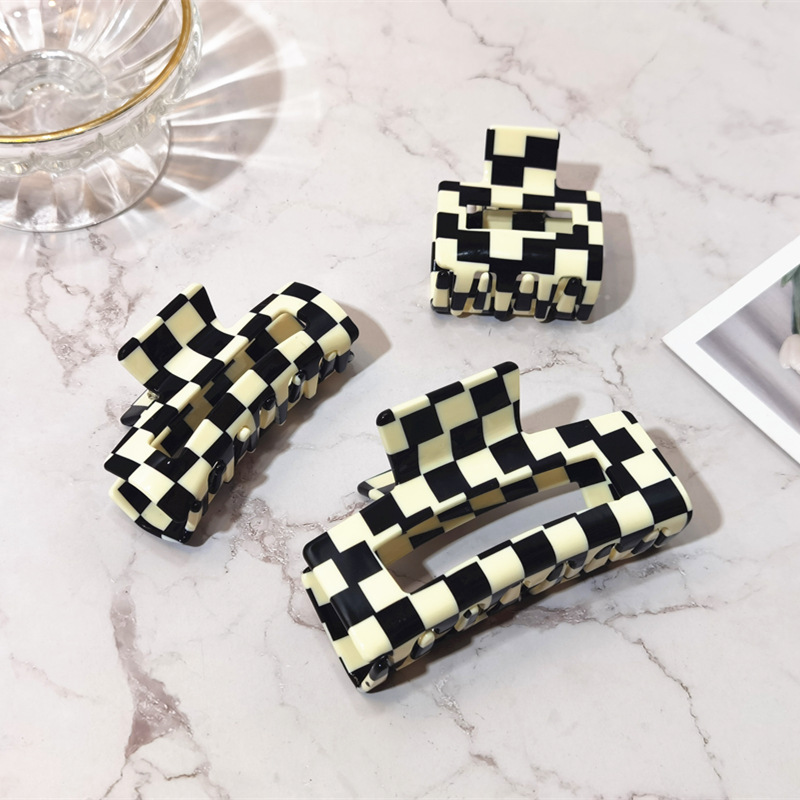 方形发夹后脑勺黑白格子抓夹大号韩国复古发抓鲨鱼夹发卡夹子头饰