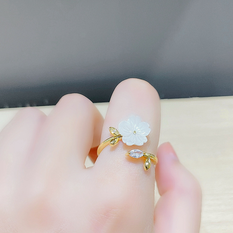 Fashion Shell Petal Zircon Ring Female Personality Simple Index Finger Ring Temperament Popular Net Red Same Style Open Ring