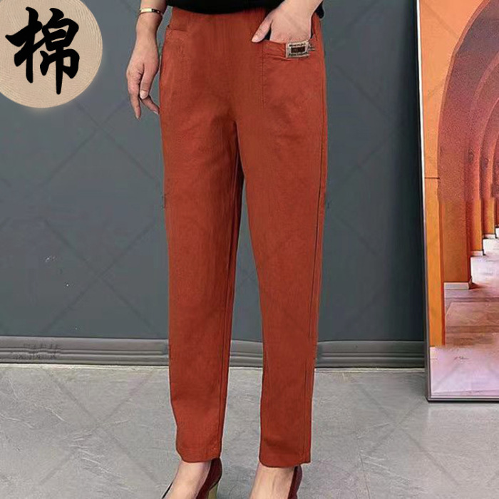 Women's Elastic Waist Cotton Pants Spring and Autumn New Western Style Leisure Loose plus Size Middle-Aged and Elderly Women's Dress Harem Pants Women Clothes