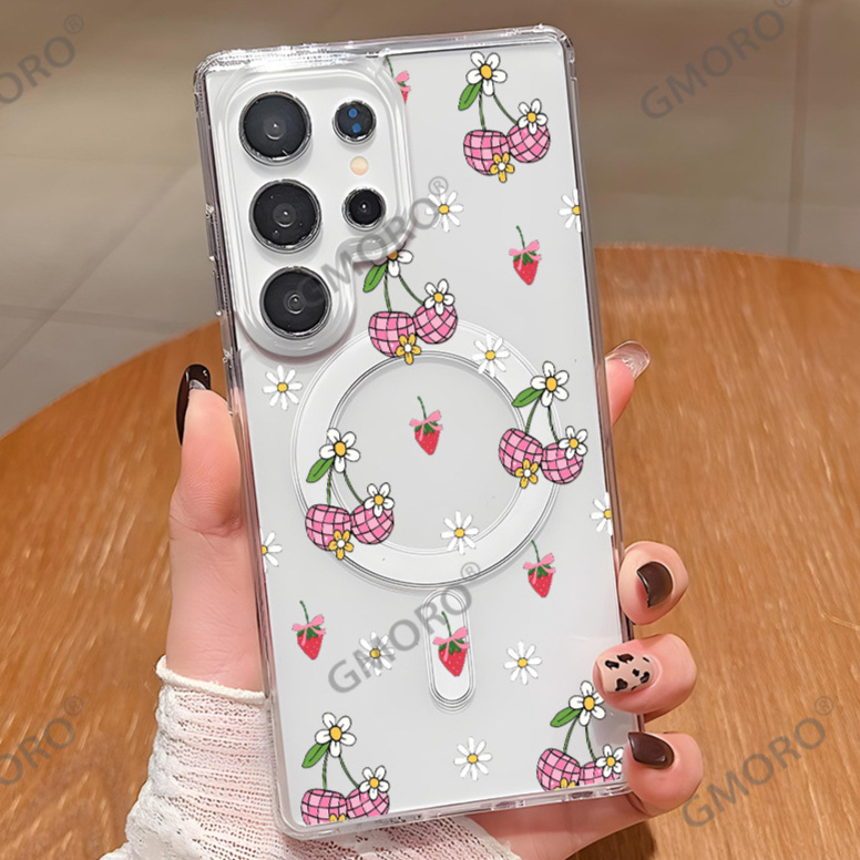 亚马逊爆款樱桃小花GalaxyS25+手机壳磁吸透明壳S24硬壳全包防摔