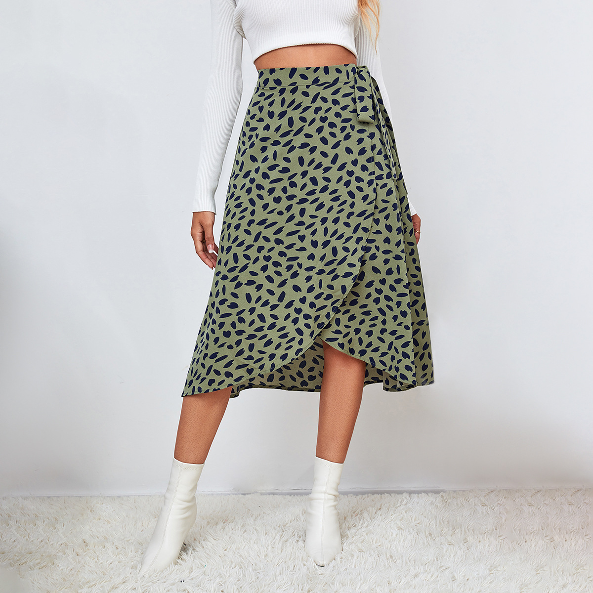 Amazon Cross-Border Women's Clothing European and American Skirt Casual All-Matching Graceful Polka Dot Floral Print Slit Skirt Fashion