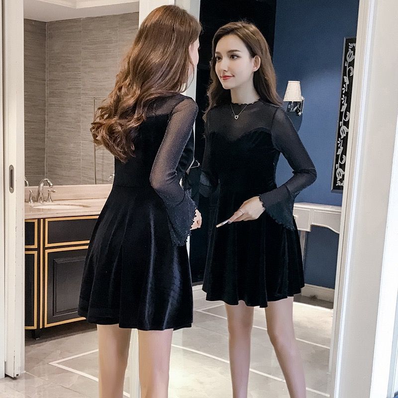 金丝绒连衣裙2022春秋新款女装长袖显瘦a字裙喇叭袖气质打底裙子