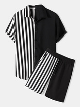 2021新款夏季条纹系列图案3d印花休闲宽松短袖衬衫短裤男装套装