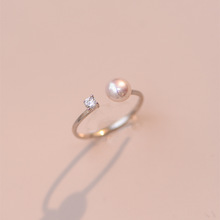 蒂奇秋冬新款天然光泽感珍珠闪钻设计S925纯银开口可调节四爪戒指