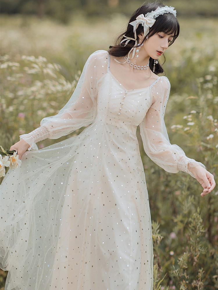 法式温柔白色连衣裙女夏季新款小礼服甜美网纱长裙子仙女超仙森系