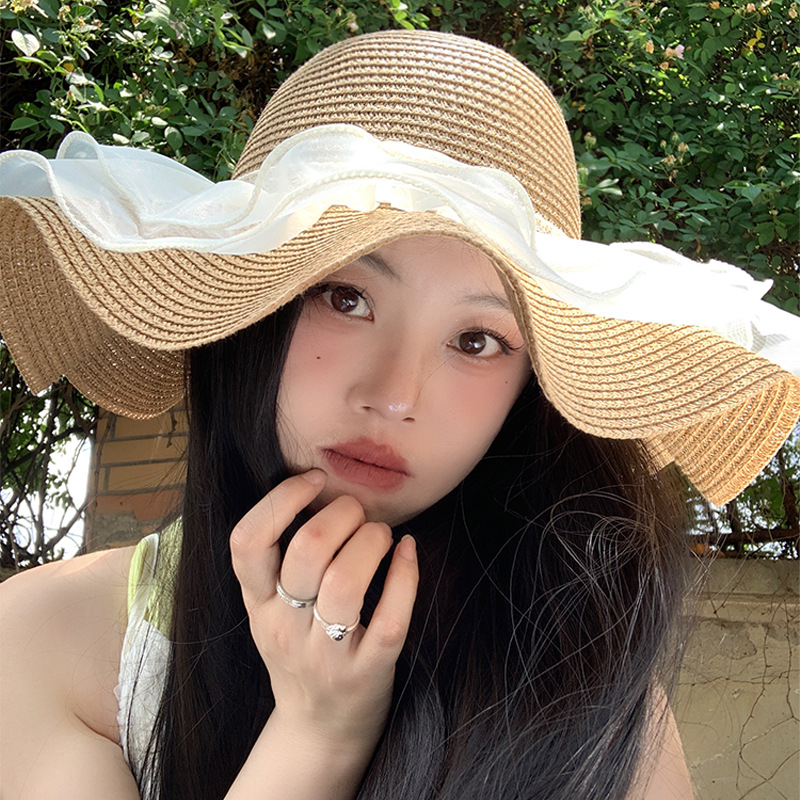 法式蕾丝大帽檐草帽女夏季海边沙滩遮阳防晒帽防紫外线草编帽子潮