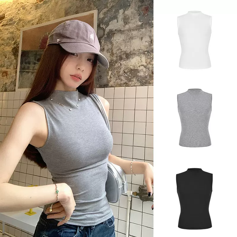 简约日常灰色半高领女背心2026新款春夏外穿修身打底无袖短款上衣