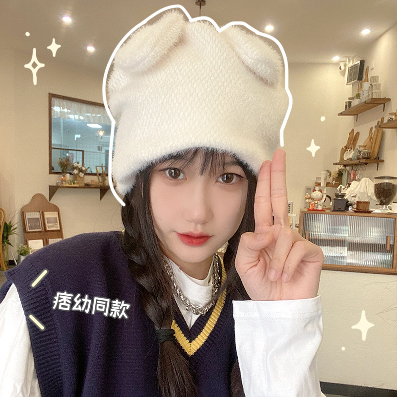 网红痞幼帽子冬季加绒套头保暖帽少女心文艺学生ins潮毛绒贝雷帽